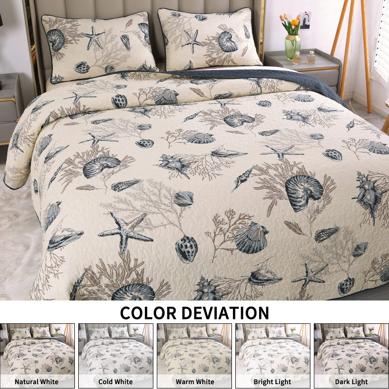 Comforbed أغطية سرير ساحلية مريحة بحجم كوين، مجموعة من 3 قطع بنمط قواقع نجمة البحر، أغطية سرير بموضوع الشاطئ، مجموعة أغطية سرير قطنية ناعمة مع أغطية وسائد، مجموعة أغطية سرير لجميع الفصول، 90x98 بوصة - Image 3